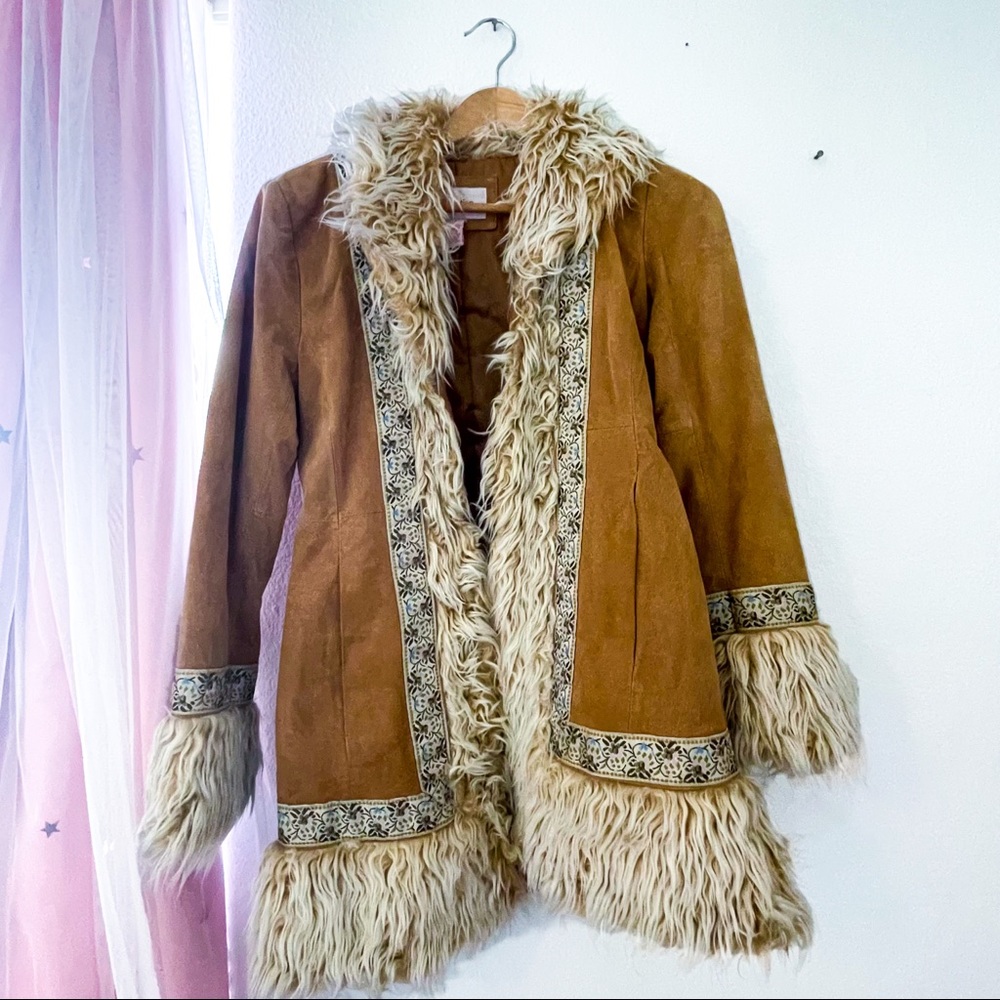 Vintage Y2K 90s Suede Faux Fur Penny Lane Jacket Coat